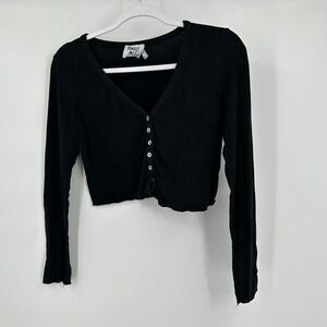 Princess Polly Women Y2K Cropped Henley Baby Tee Size 4 Black Ribbed Lettuce Hem